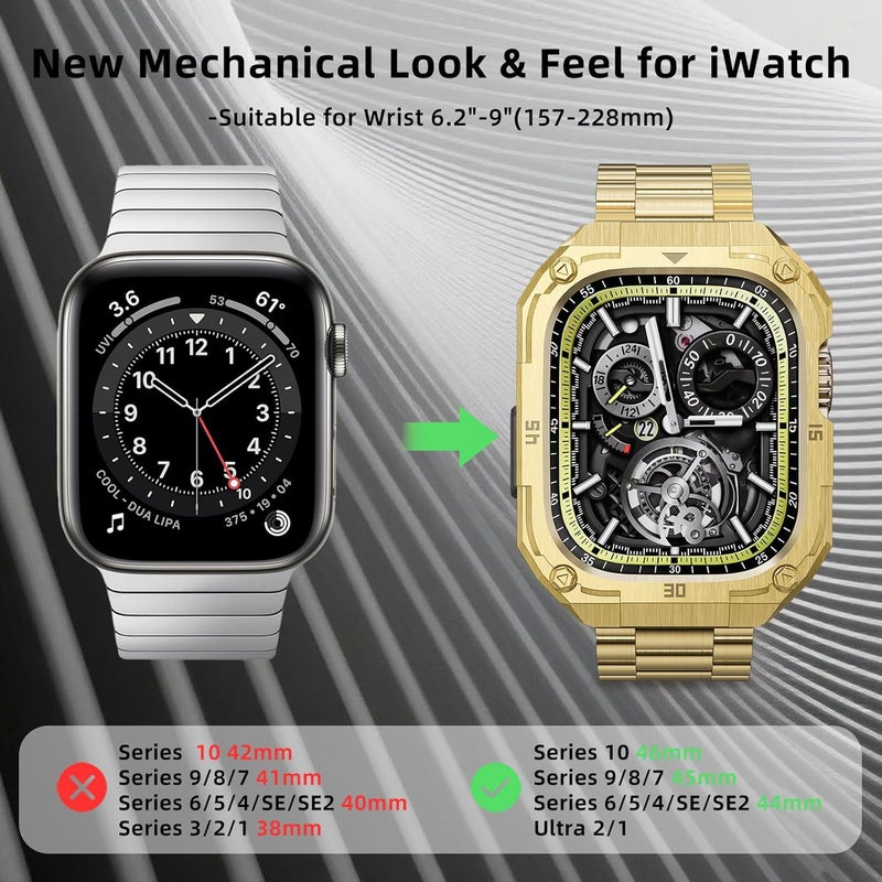 PanPinnacle Formal Stainless Steel Watch Case with Band Compatible with Apple Watch Series 11 10 46mm Band for Men,Metal Protective Bumper Cover iwatch Band with Strap,Gold - Image 3